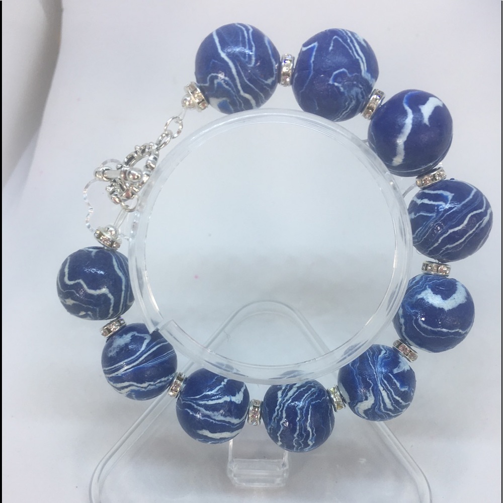 Artisan Handmade Blue & White Polymer Clay Bracelet Elegant & Boutique Style - Picture 2 of 6